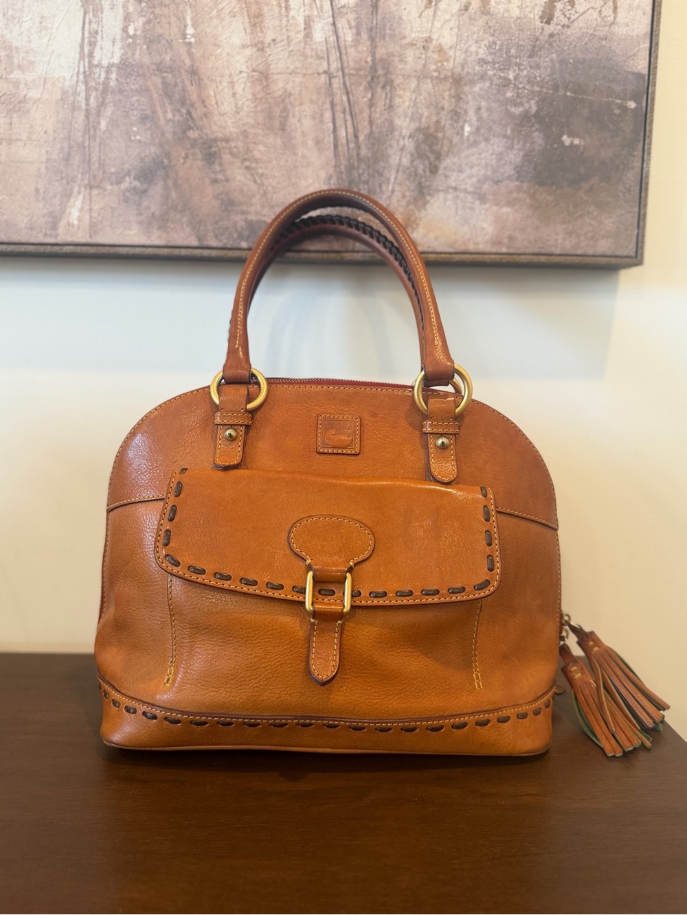 Dooney & Bourke Florentine Pocket Satchel Vachetta Leather Domed Whipstitch Bag